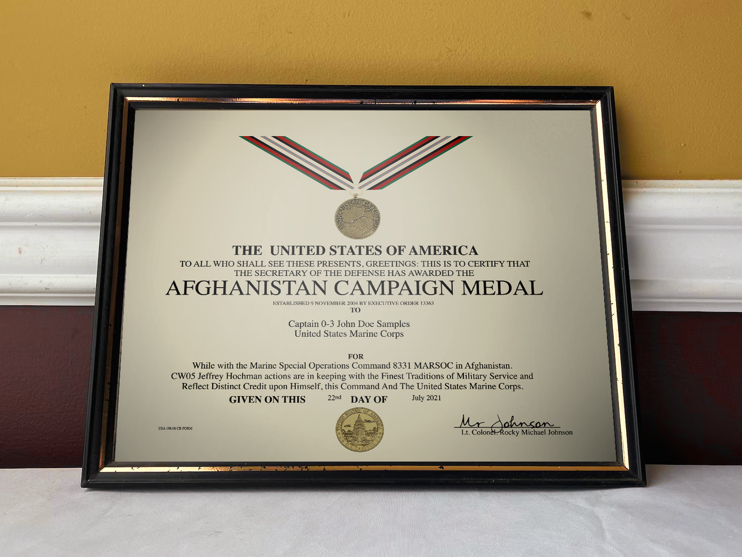 UNITED STATES AFGHANISTAN CAMPAIGN MEDAL REPLACEMENT CERTIFICATE