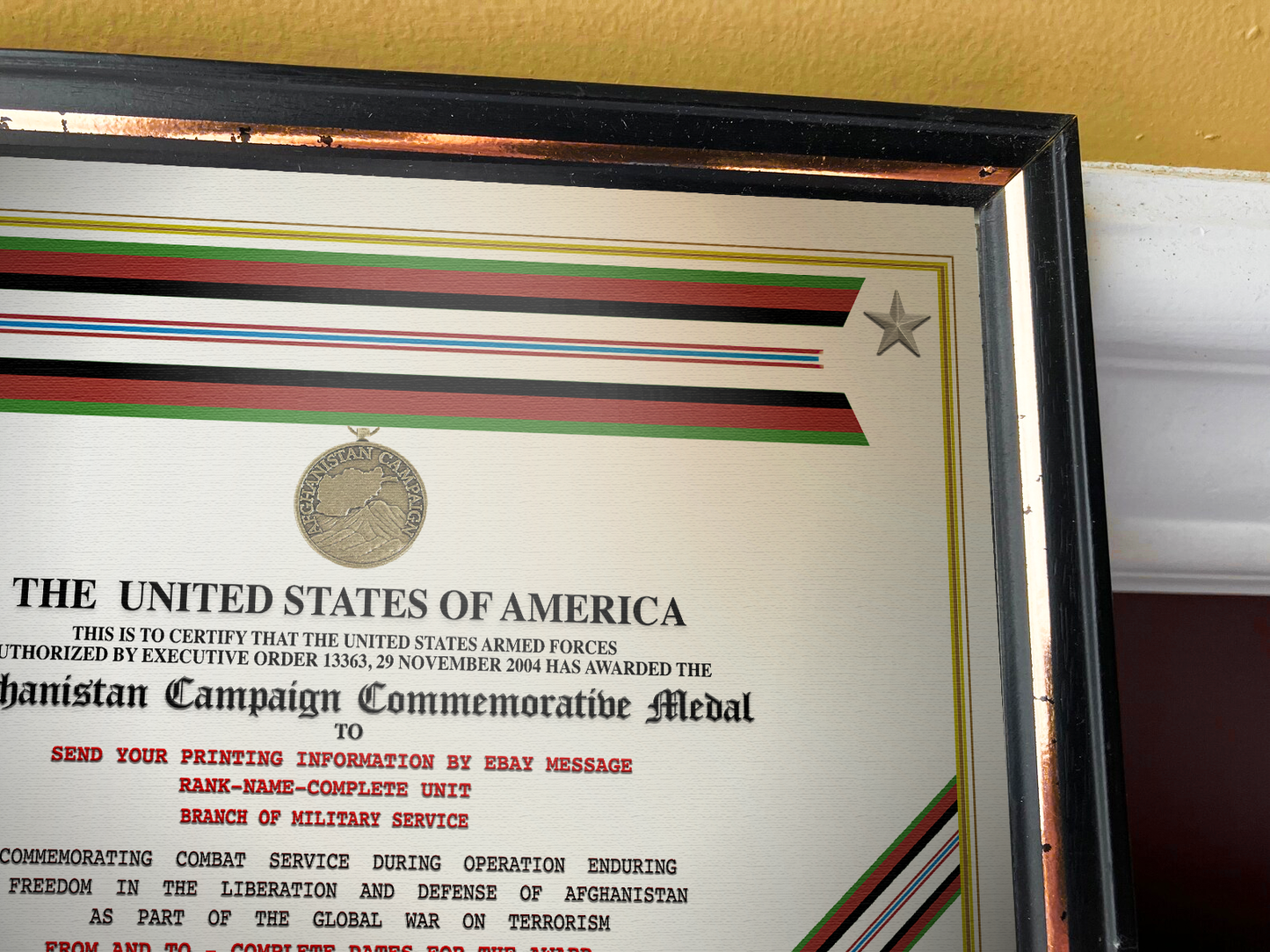 AFGHANISTAN CAMPAIGN MEDAL COMMEMORATIVE REPLACEMENT CERTIFICATE