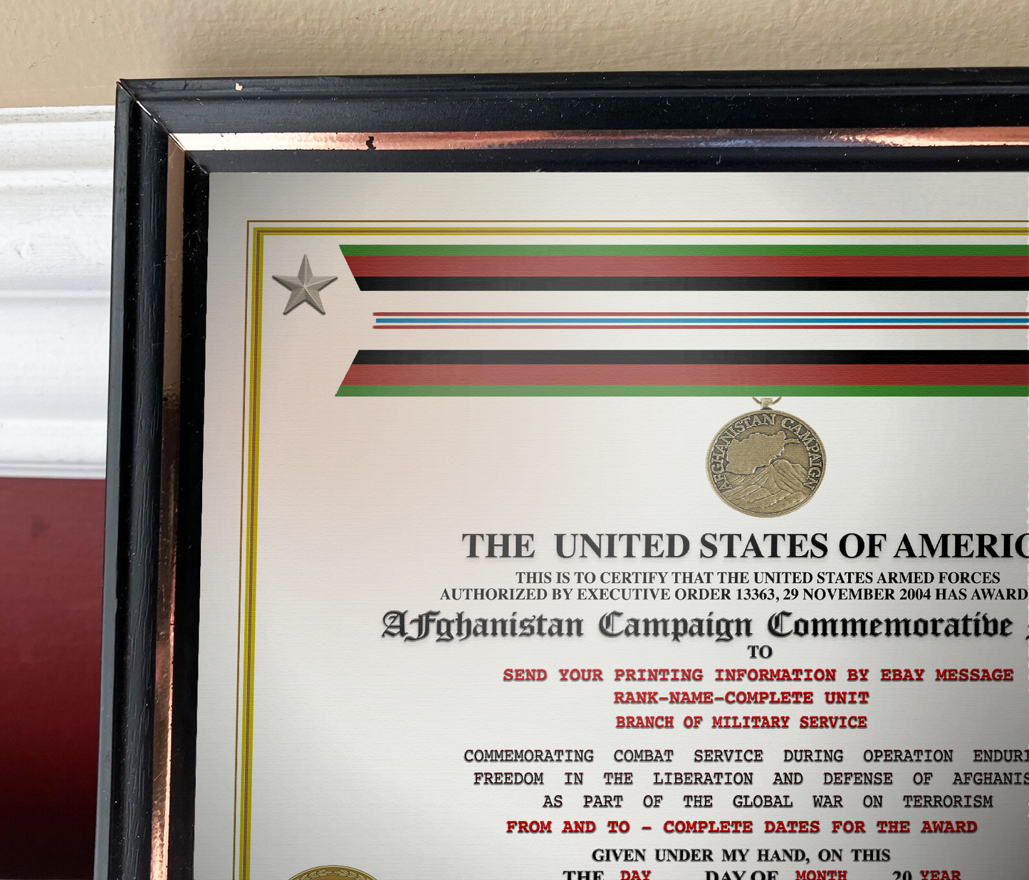 AFGHANISTAN CAMPAIGN MEDAL COMMEMORATIVE REPLACEMENT CERTIFICATE