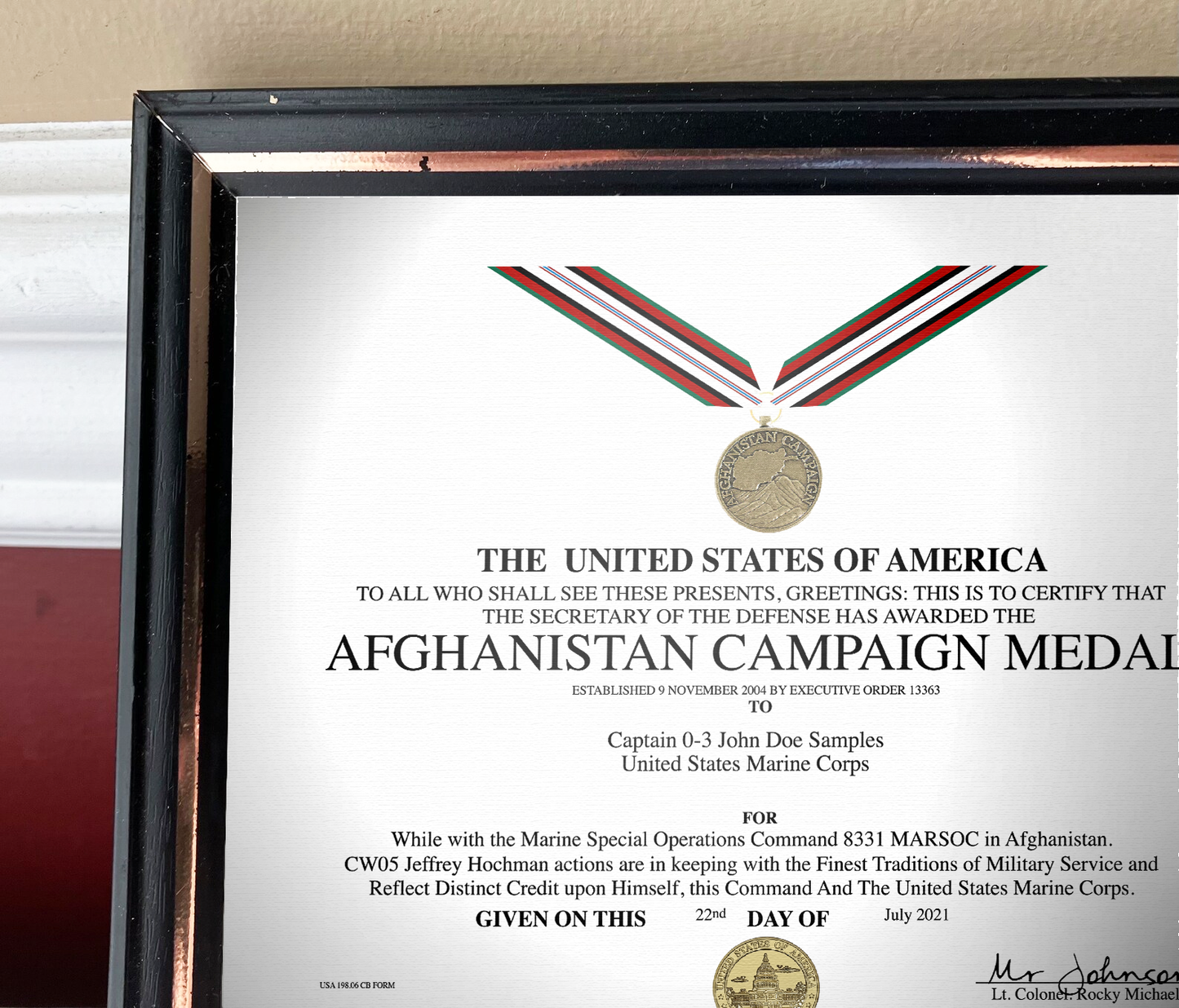 UNITED STATES AFGHANISTAN CAMPAIGN MEDAL REPLACEMENT CERTIFICATE