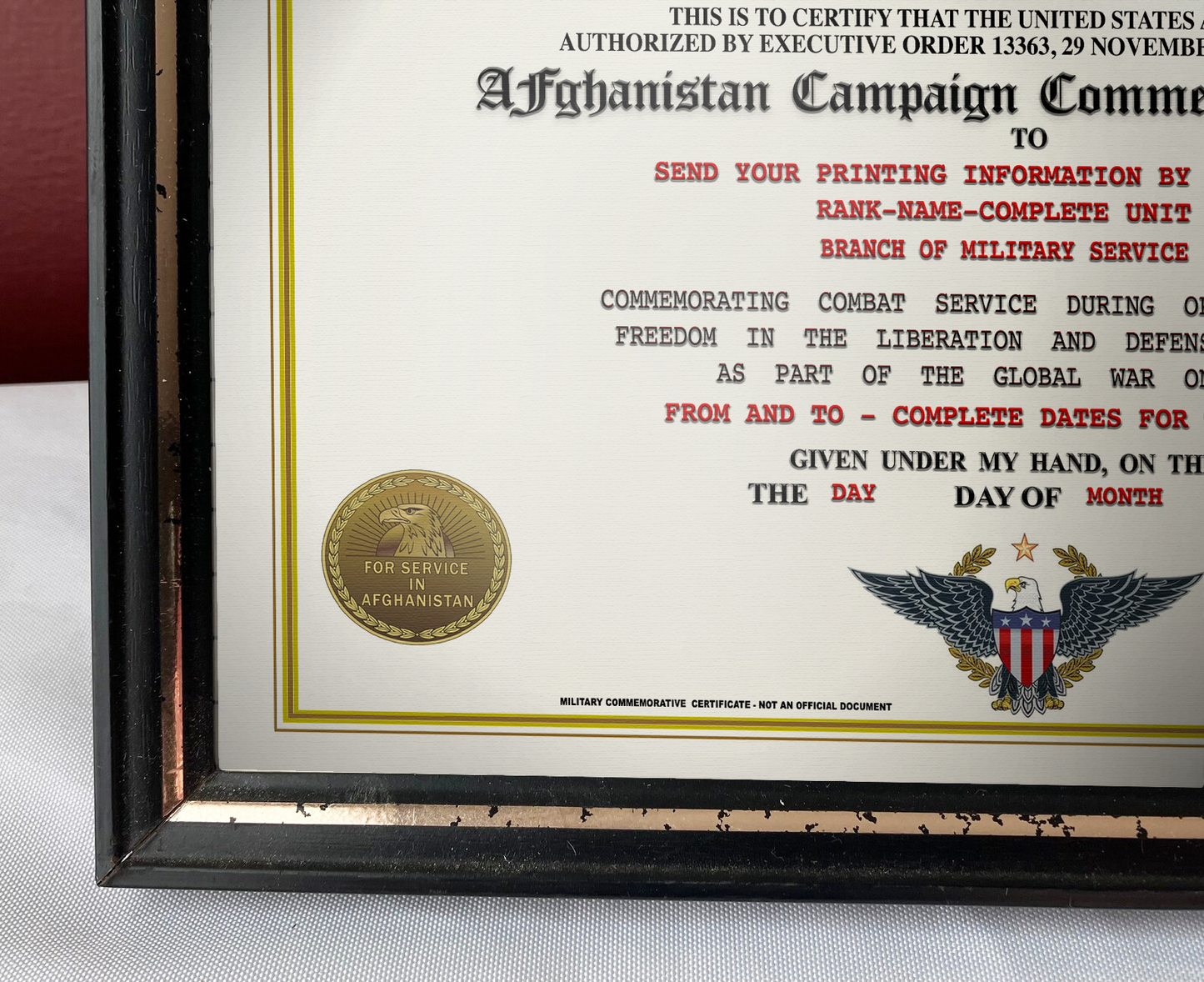 AFGHANISTAN CAMPAIGN MEDAL COMMEMORATIVE REPLACEMENT CERTIFICATE