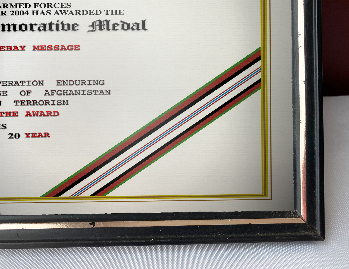 AFGHANISTAN CAMPAIGN MEDAL COMMEMORATIVE REPLACEMENT CERTIFICATE