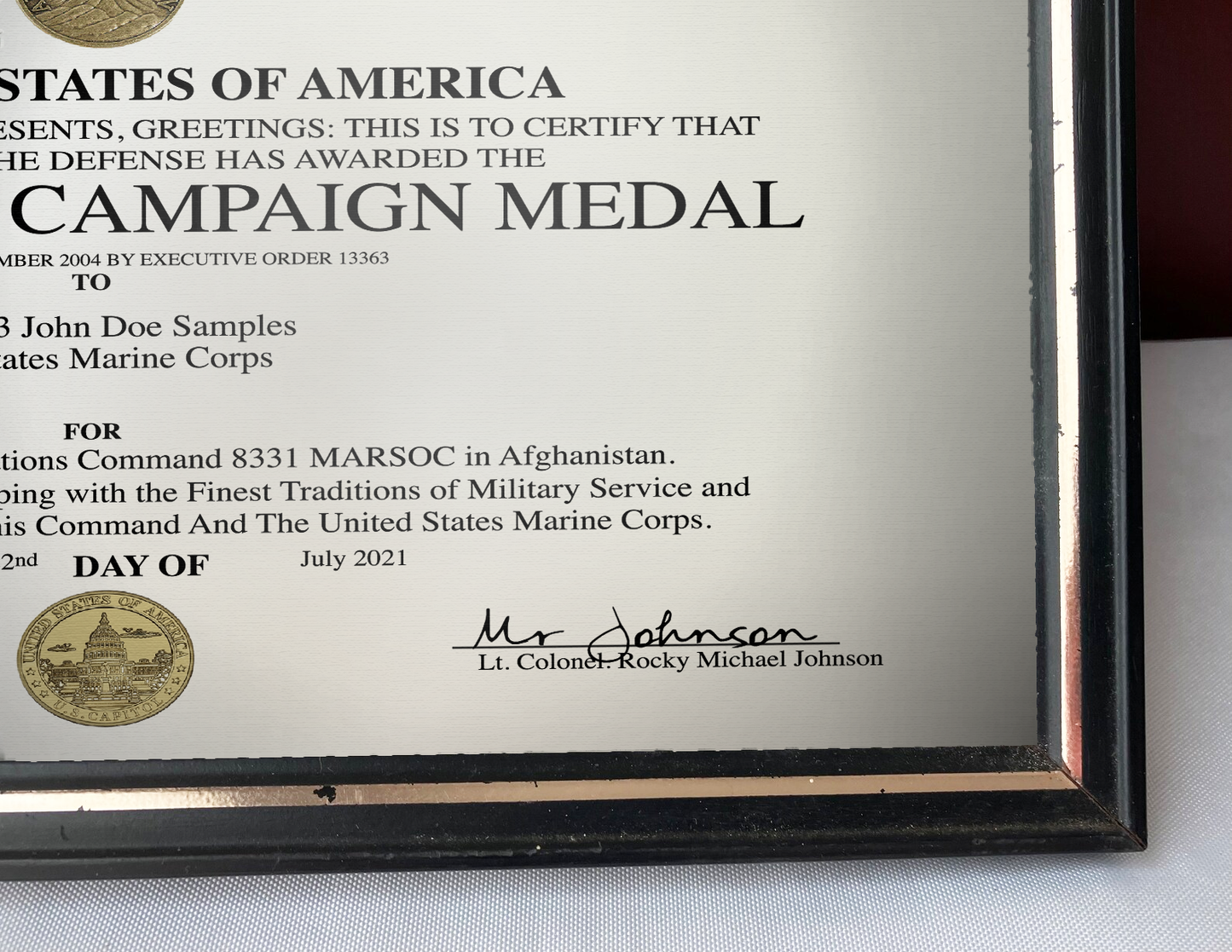 UNITED STATES AFGHANISTAN CAMPAIGN MEDAL REPLACEMENT CERTIFICATE