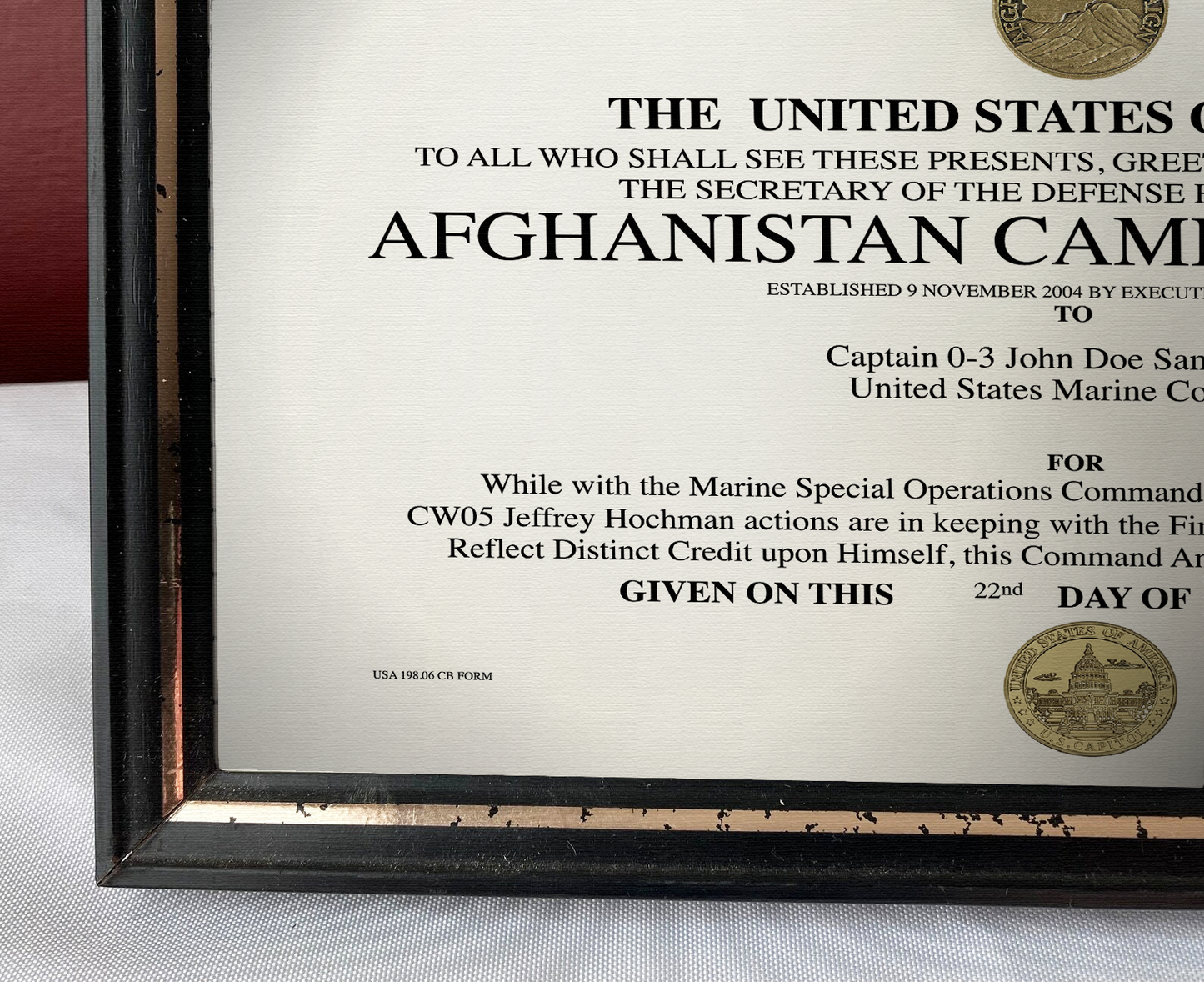 UNITED STATES AFGHANISTAN CAMPAIGN MEDAL REPLACEMENT CERTIFICATE