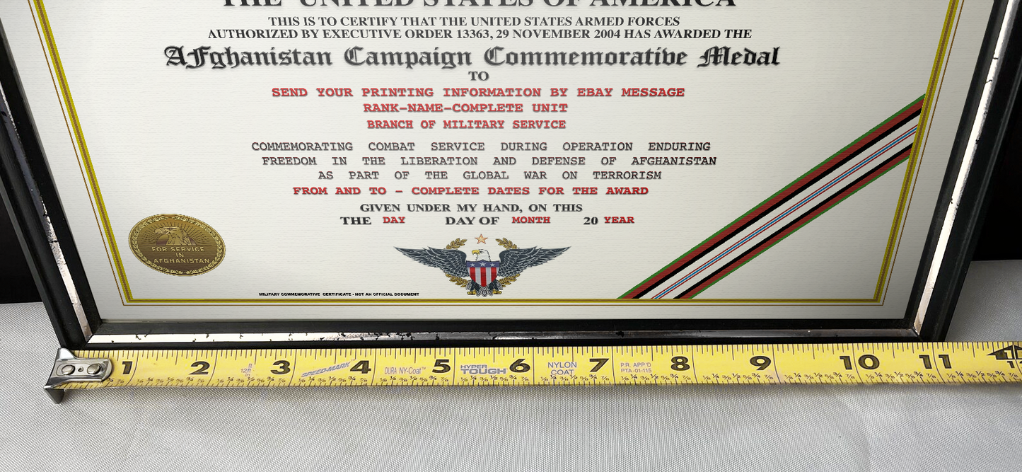 AFGHANISTAN CAMPAIGN MEDAL COMMEMORATIVE REPLACEMENT CERTIFICATE