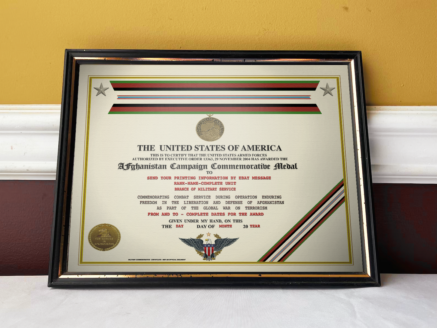 Afghanistan Campaign Commemorative Medal certificate