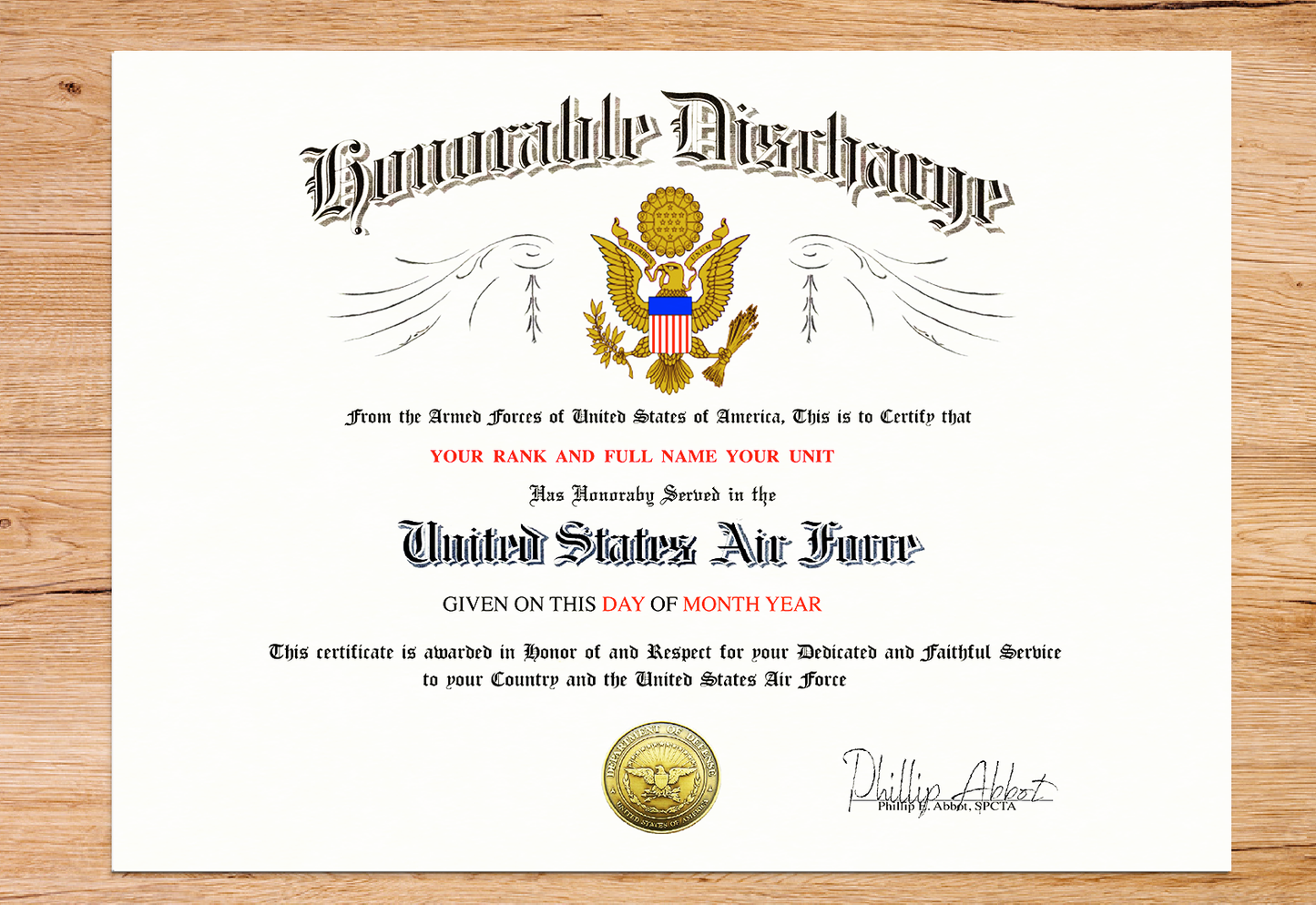 UNITED STATES AIR FORCE HONORABLE DISCHARGE REPLACEMENT CERTIFICATE