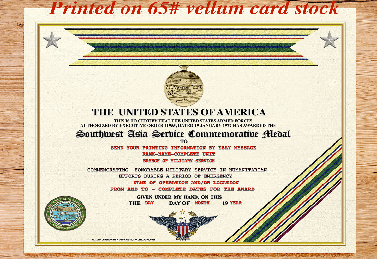 UNITED STATES SOUTHWEST ASIA SERVICE COMMEMORATIVE MEDAL REPLACEMENT CERTIFICATE
