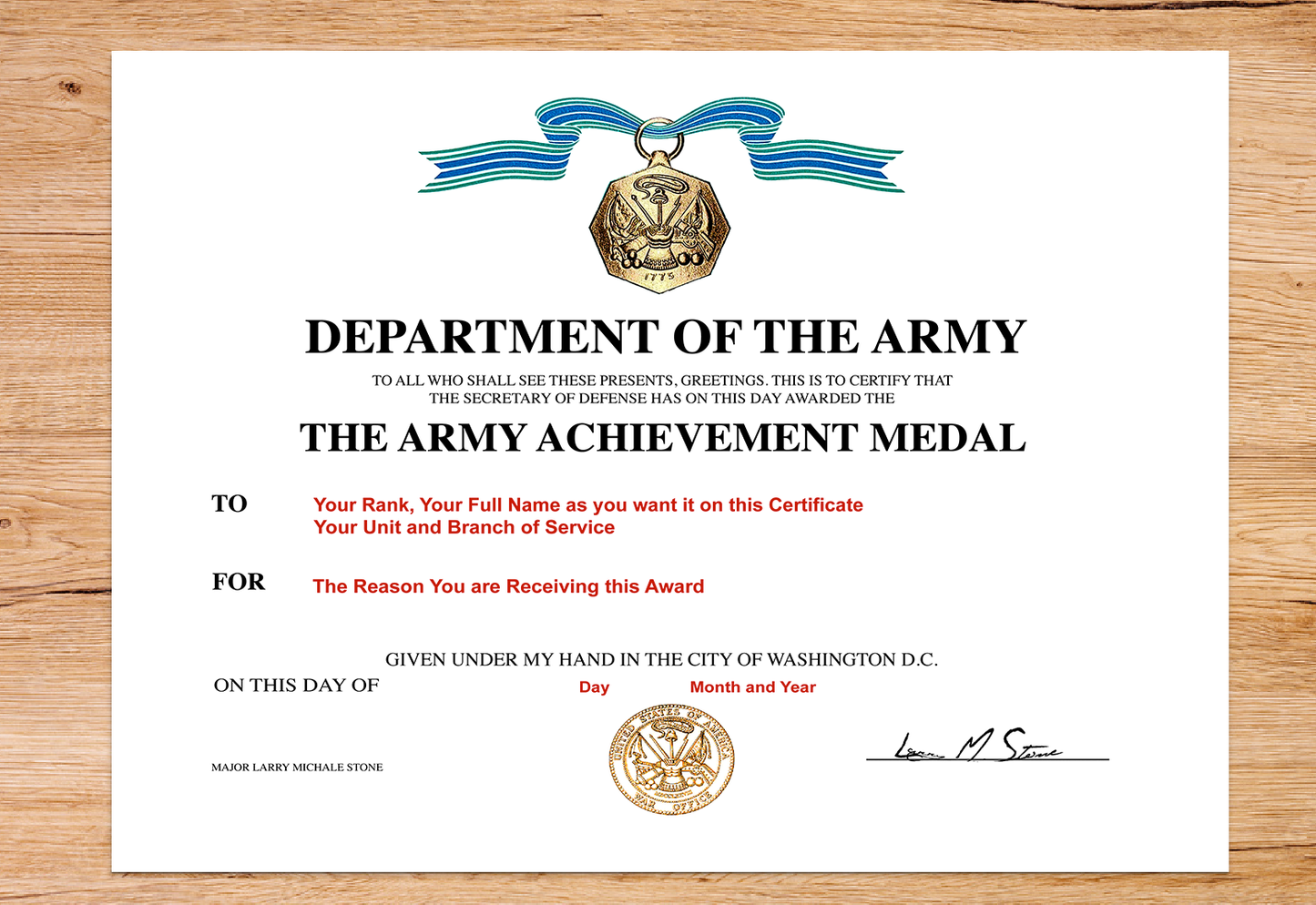 DEPARTMENT OF THE ARMY THE ARMY ACHIEVEMENT MEDAL REPLACEMENT CERTIFICATE