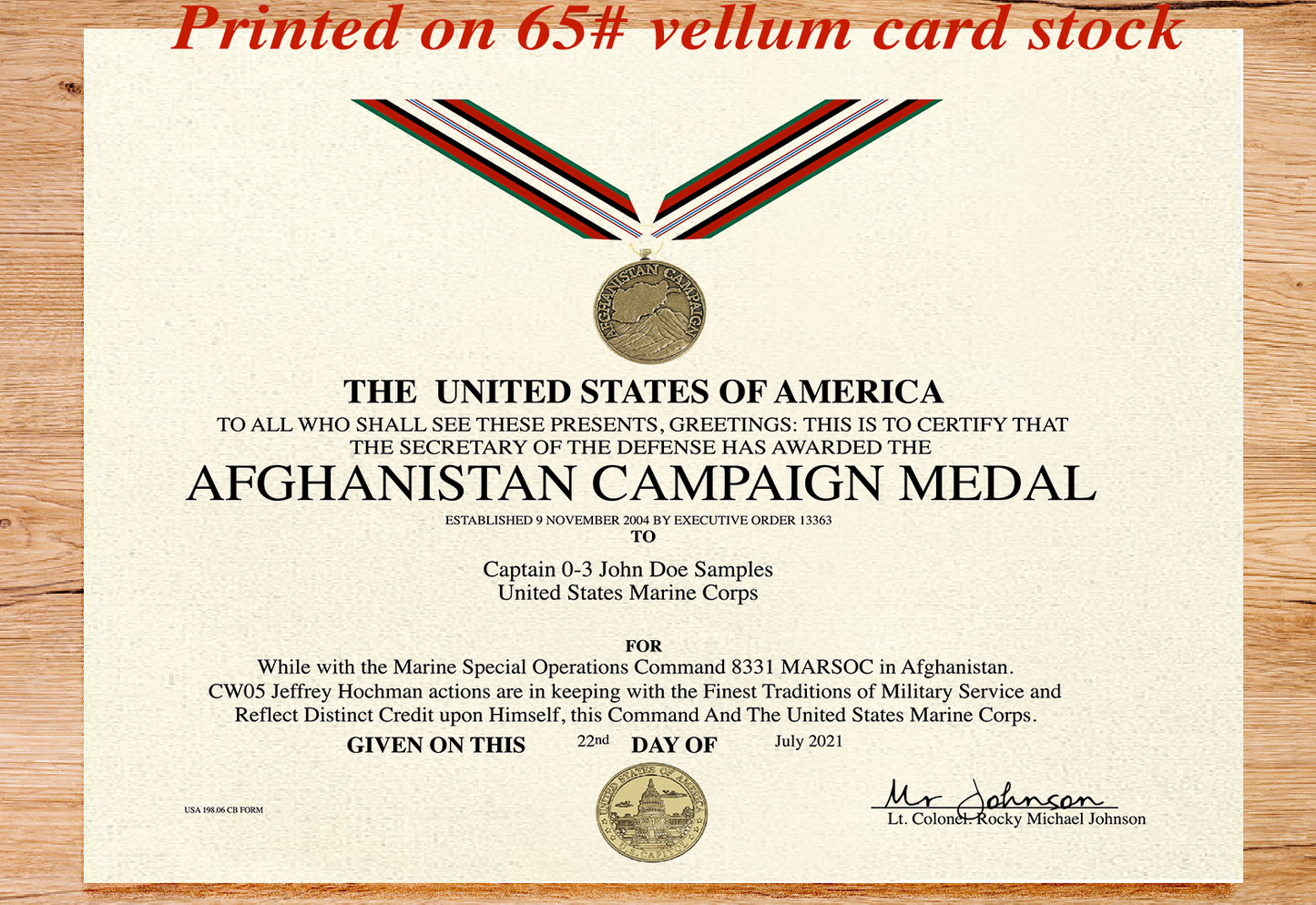 UNITED STATES AFGHANISTAN CAMPAIGN MEDAL REPLACEMENT CERTIFICATE
