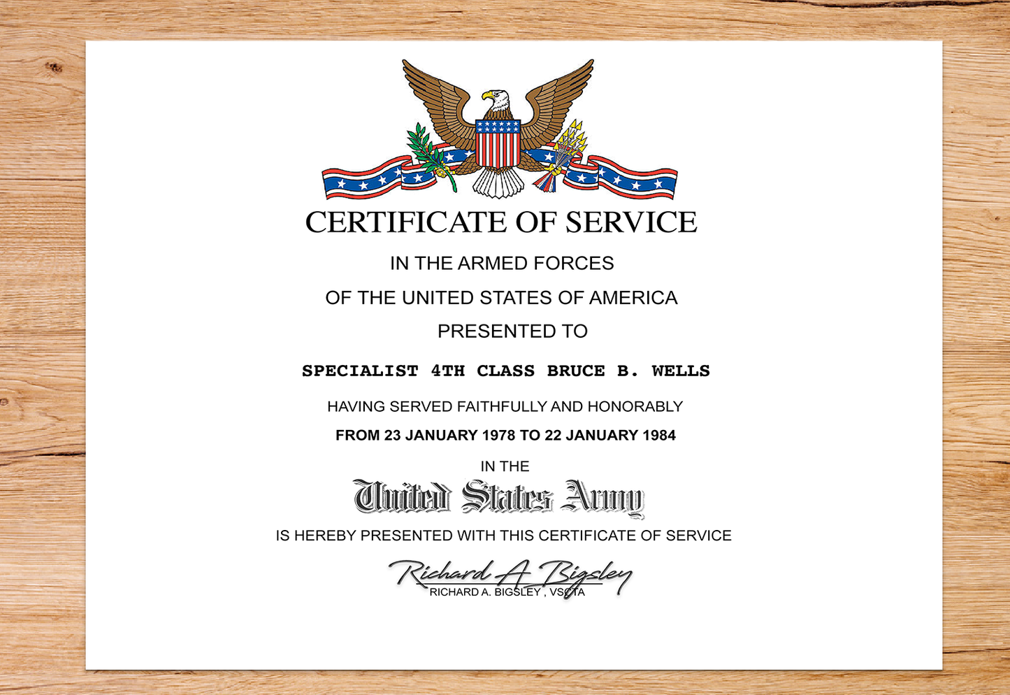 UNITED STATES ARMY CERTIFICATE OF SERVICE REPLACEMENT CERTIFICATE