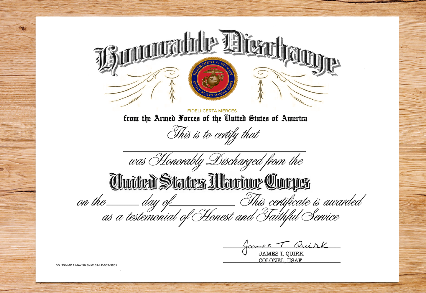 UNITED STATES MARINE CORPS HONORABLE DISCHARGE REPLACEMENT CERTIFICATE