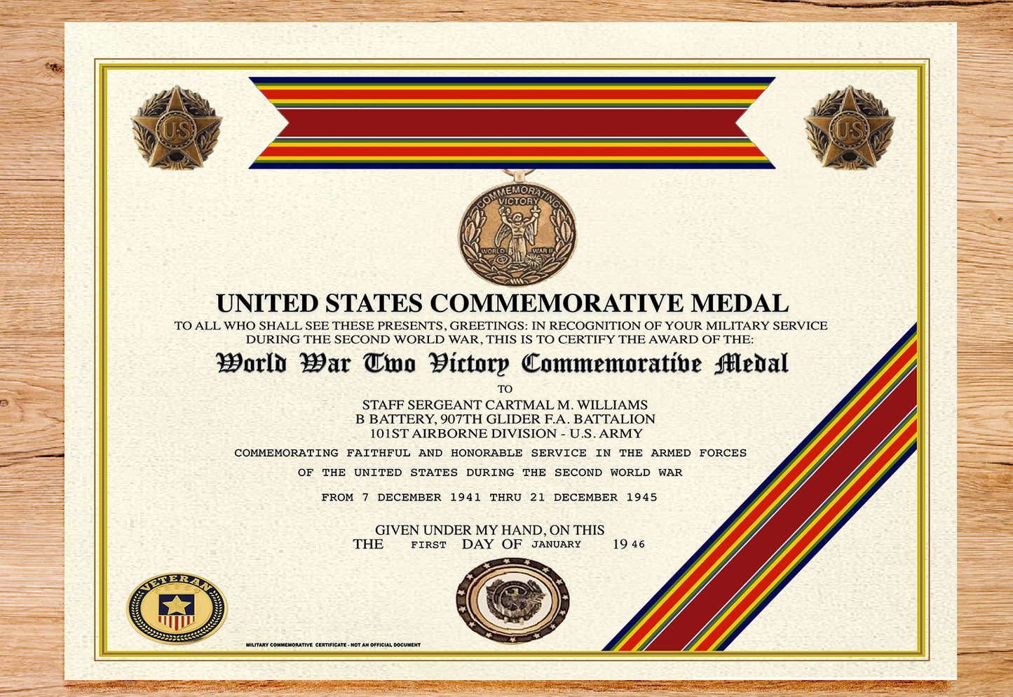 UNITED STATES WORLD WAR TWO VICTORY COMMEMORATIVE MEDAL REPLACEMENT CERTIFICATE