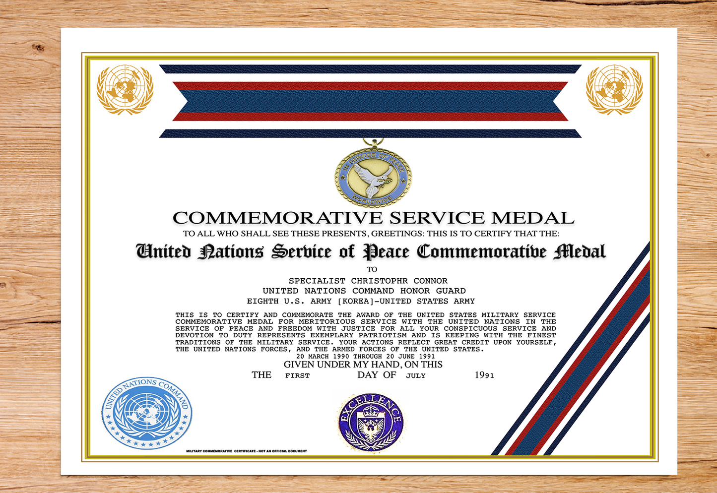 UNITED NATIONS SERVICE OF PEACE COMMEMORATIVE MEDAL REPLACEMENT CERTIFICATE