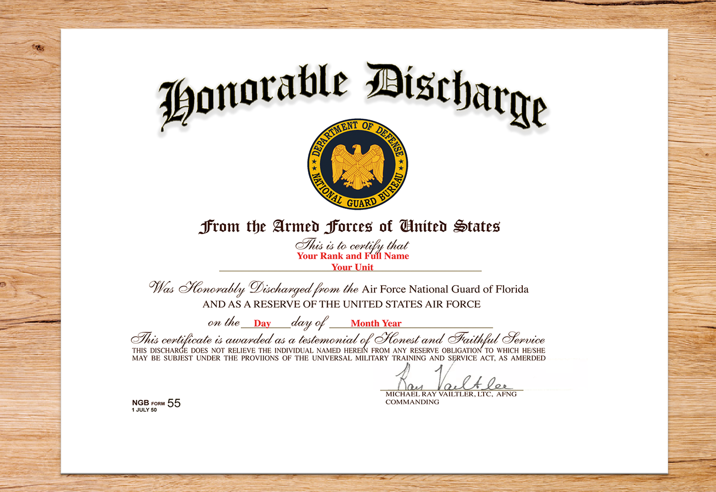 UNITED STATES ARMED FORCES HONORABLE DISCHARGE REPLACEMENT CERTIFICATE