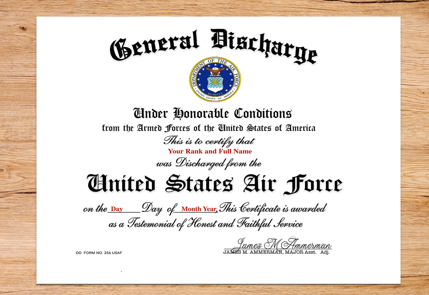 UNITED STATES AIR FORCE GENERAL DISCHARGE REPLACEMENT CERTIFICATE