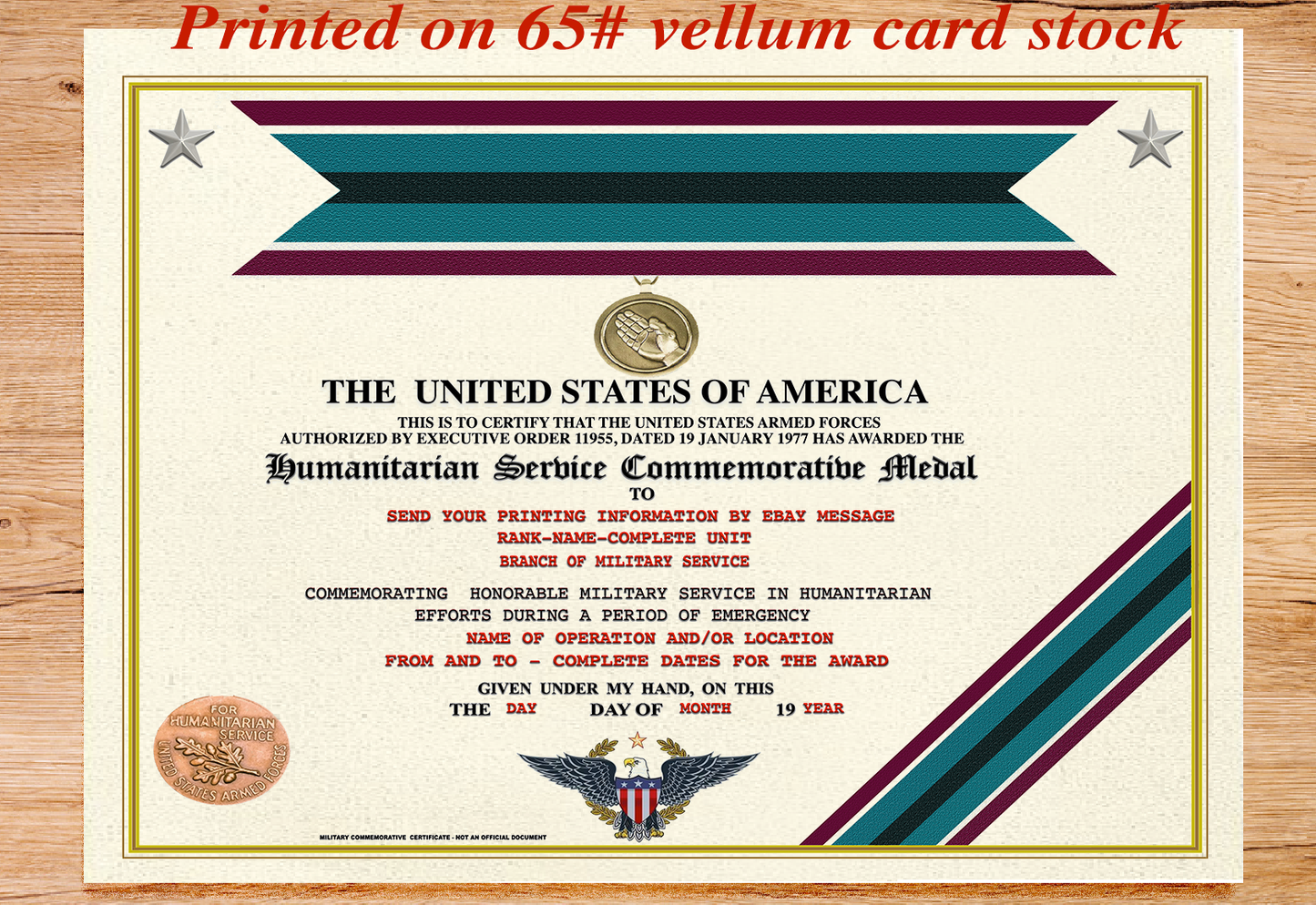 UNITED STATES HUMANITARIAN SERVICE COMMEMORATIVE MEDAL REPLACEMENT CERTIFICATE