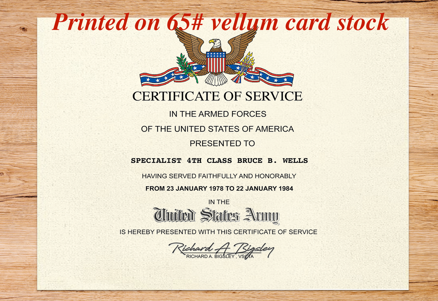 UNITED STATES ARMY CERTIFICATE OF SERVICE REPLACEMENT CERTIFICATE