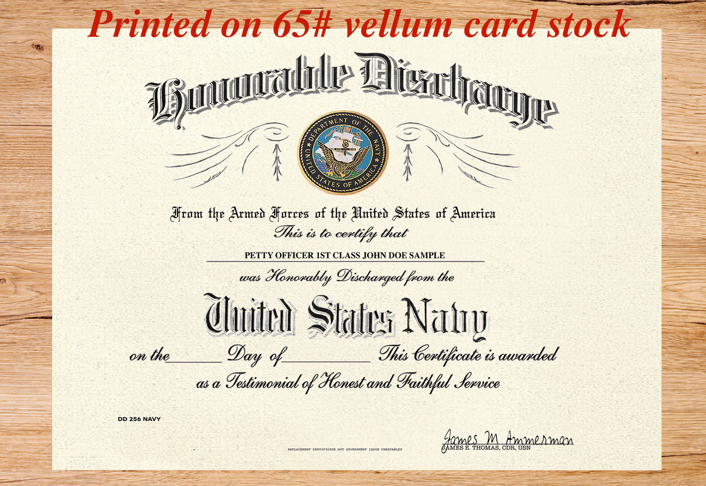 UNITED STATES NAVY HONORABLE DISCHARGE REPLACEMENT CERTIFICATE