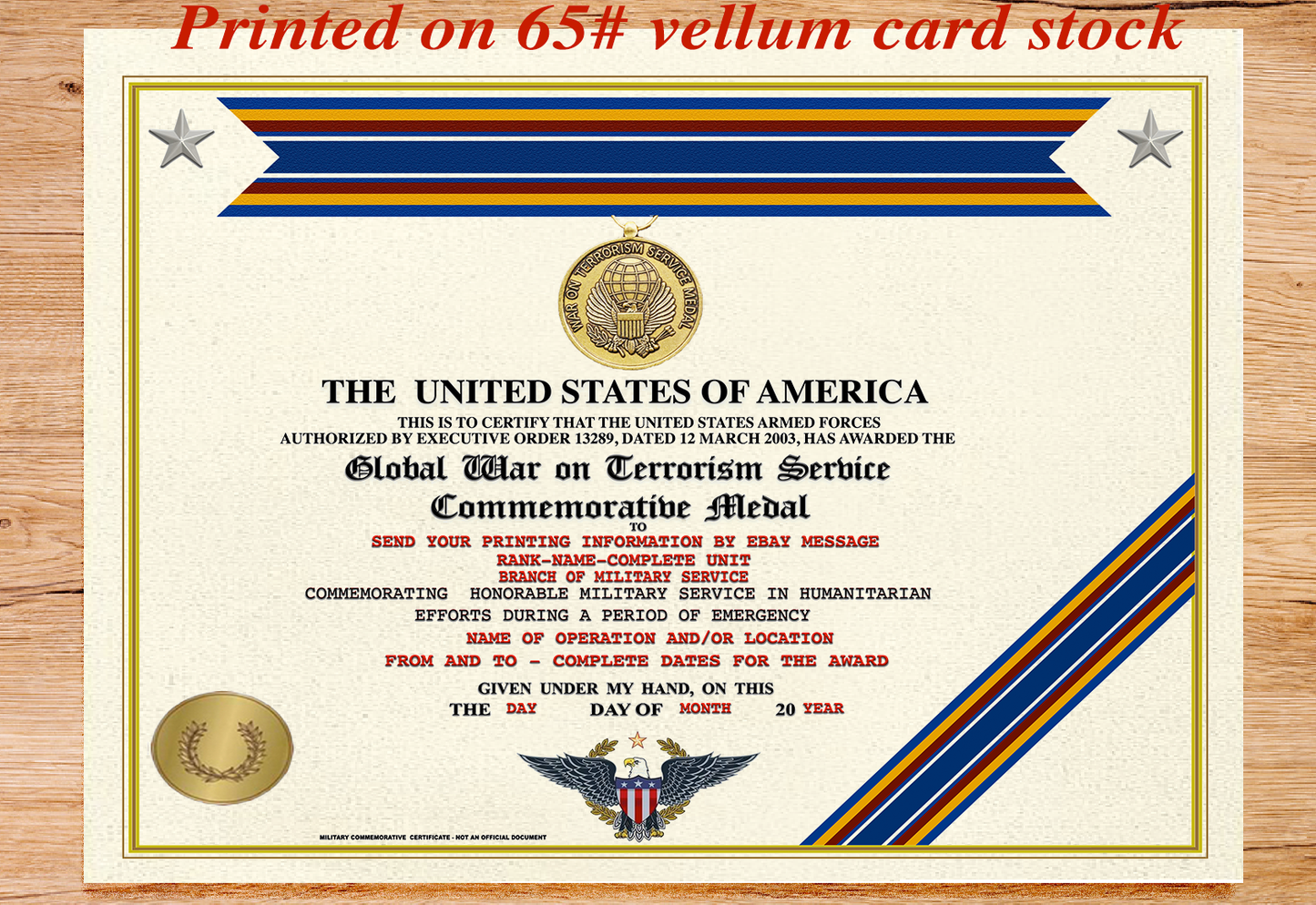UNITED STATES GLOBAL WAR ON TERRORISM COMMEMORATIVE SERVICE MEDAL REPLACEMENT CERTIFICATE