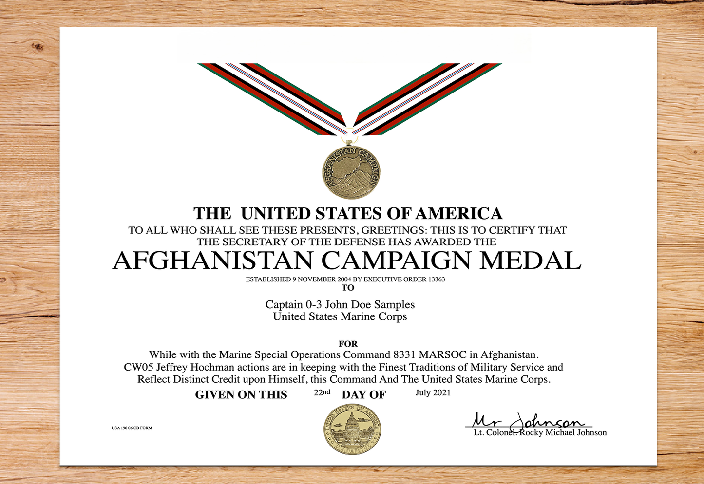 UNITED STATES AFGHANISTAN CAMPAIGN MEDAL REPLACEMENT CERTIFICATE