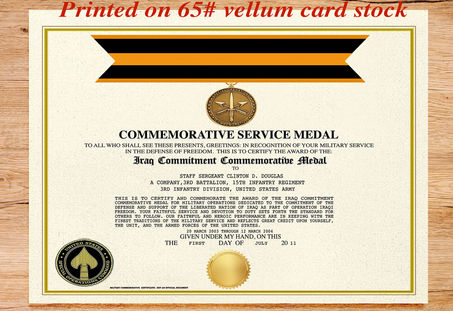 IRAQ COMMITMENT COMMEMORATIVE SERVICE MEDAL REPLACEMENT CERTIFICATE