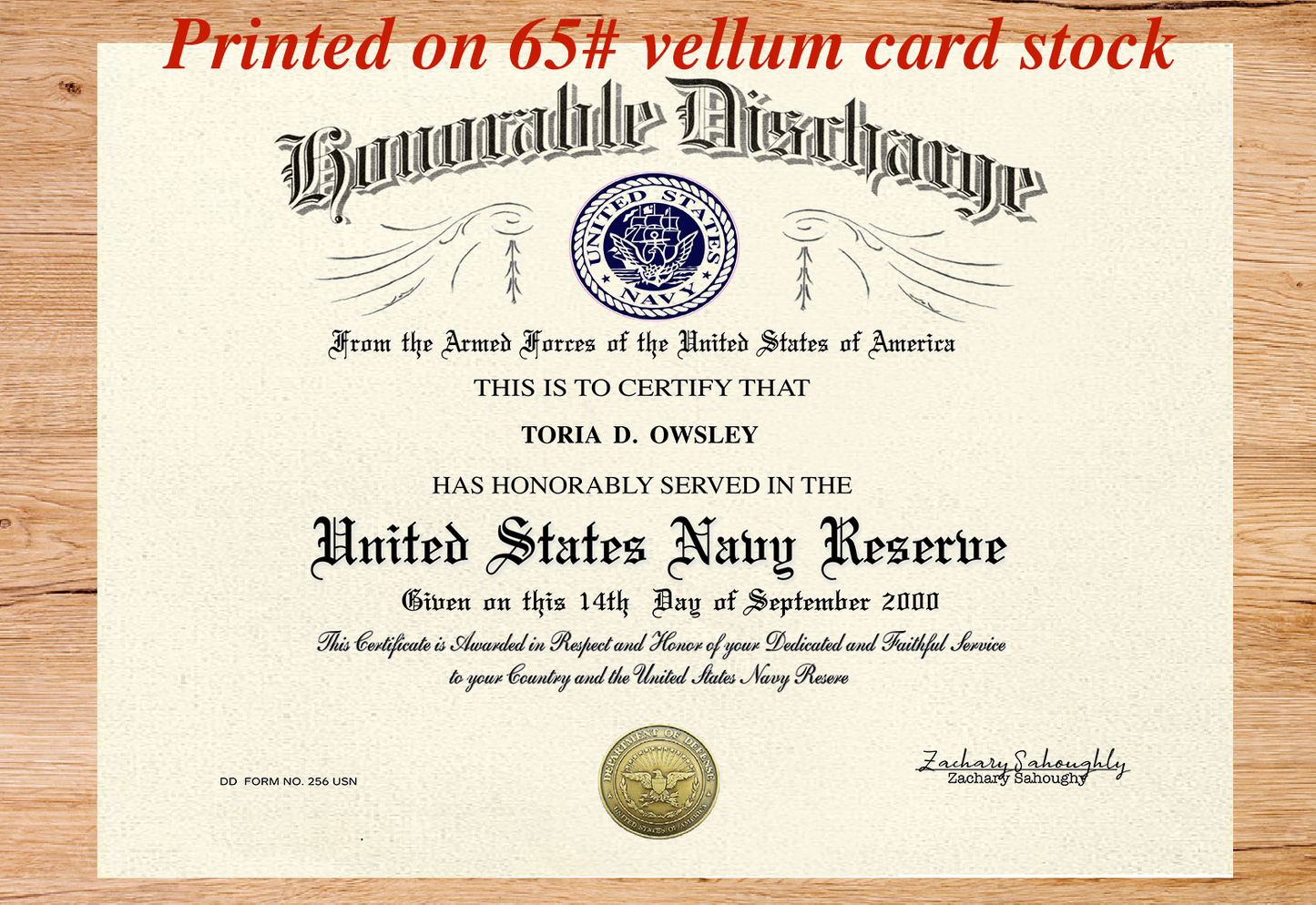 UNITED STATES NAVY RESERVE HONORABLE DISCHARGE REPLACEMENT CERTIFICATE