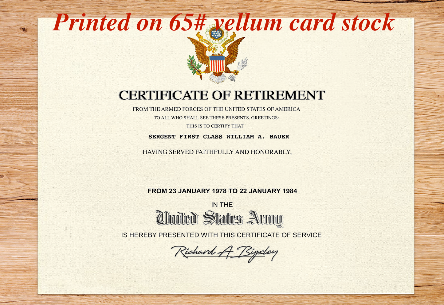 UNITED STATES ARMY CERTIFICATE OF RETIREMENT REPLACEMENT CERTIFICATE
