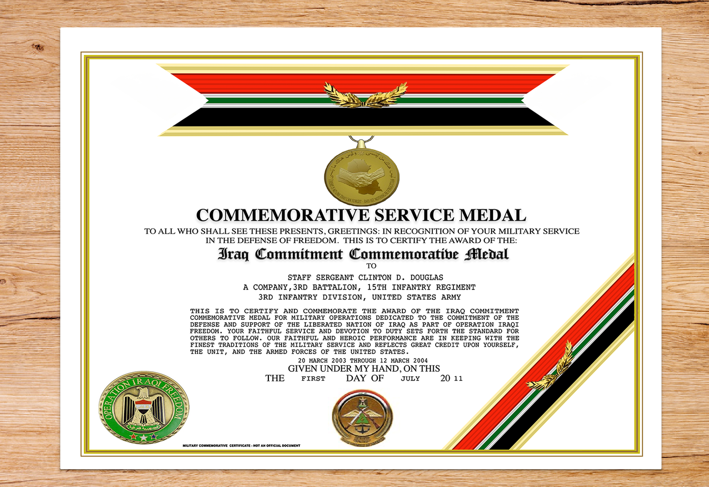 IRAQ COMMITMENT COMMEMORATIVE SERVICE MEDAL REPLACEMENT CERTIFICATE