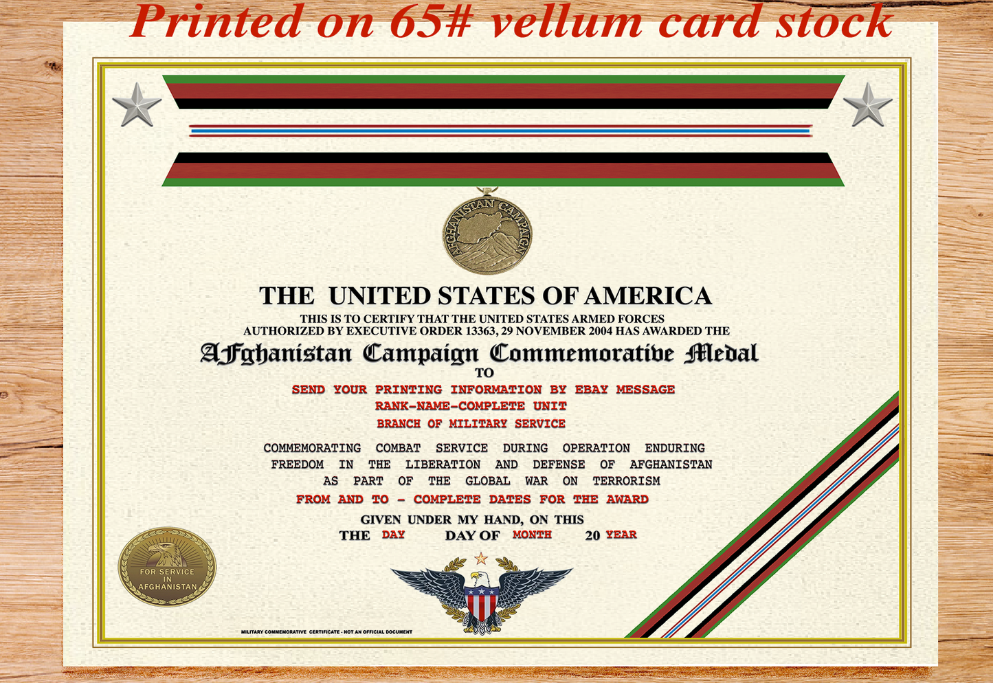 AFGHANISTAN CAMPAIGN MEDAL COMMEMORATIVE REPLACEMENT CERTIFICATE