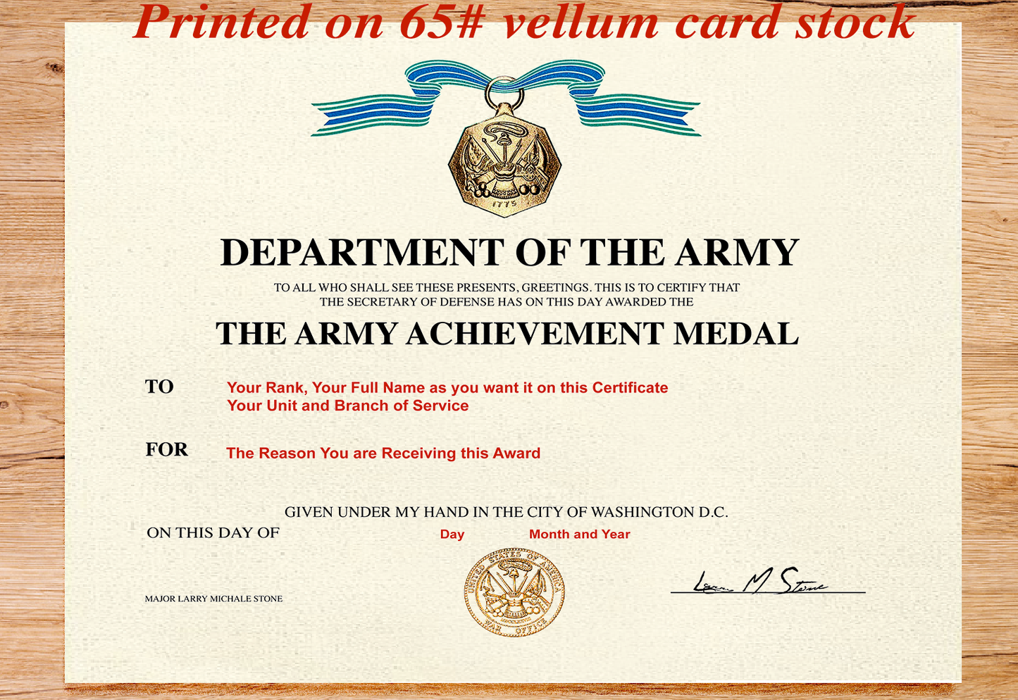 DEPARTMENT OF THE ARMY THE ARMY ACHIEVEMENT MEDAL REPLACEMENT CERTIFICATE