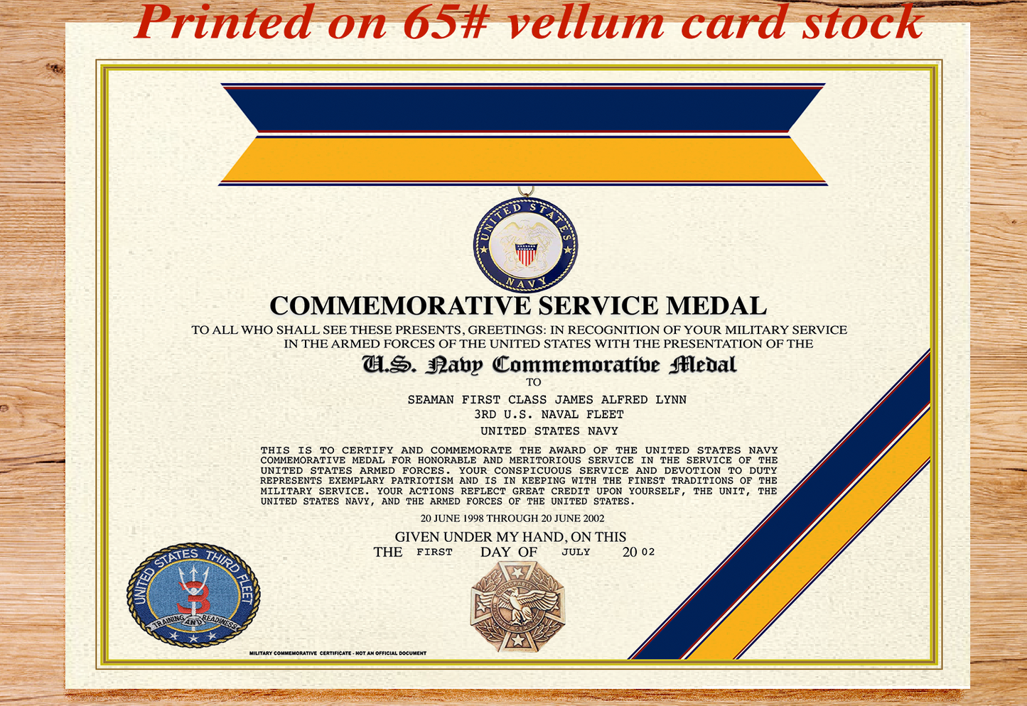 US NAVY COMMEMORATIVE MEDAL REPLACEMENT CERTIFICATE