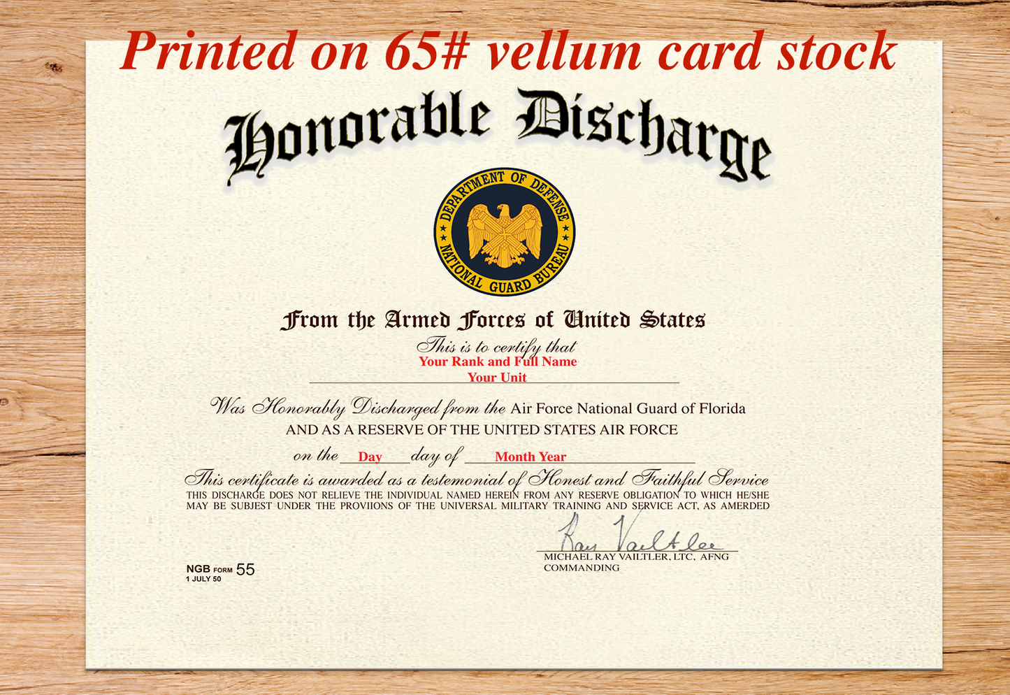UNITED STATES ARMED FORCES HONORABLE DISCHARGE REPLACEMENT CERTIFICATE