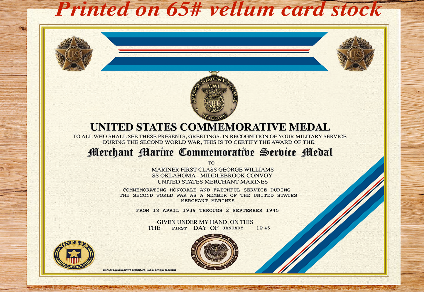UNITED STATES MERCHANT MARINE COMMEMORATIVE SERVICE MEDAL REPLACEMENT CERTIFICATE