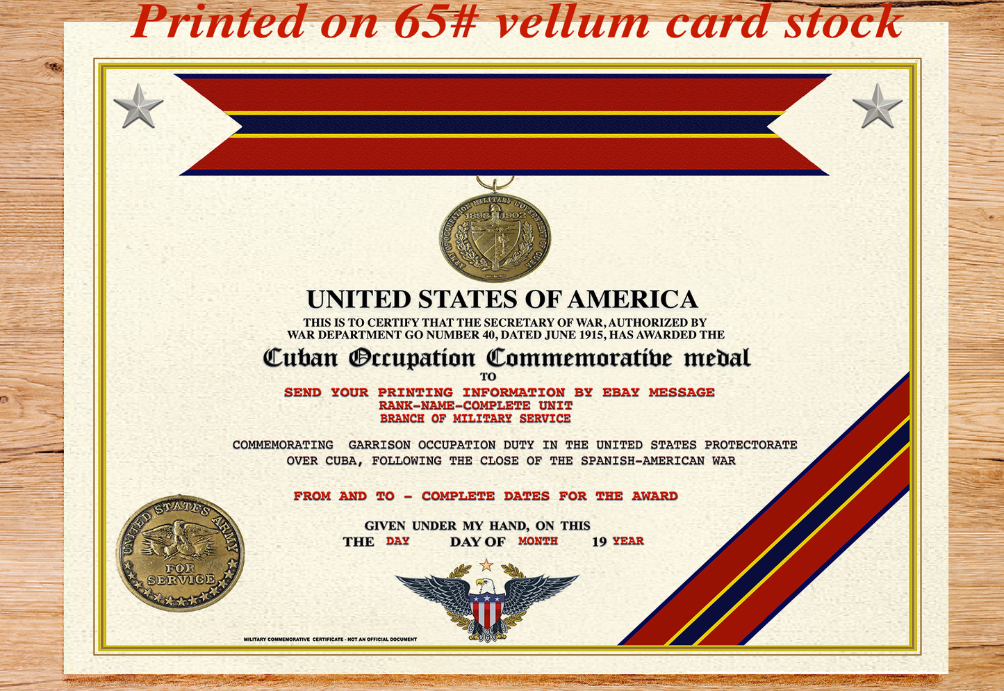 UNITED STATES CUBAN OCCUPATION COMMEMORATIVE MEDAL REPLACEMENT CERTIFICATE