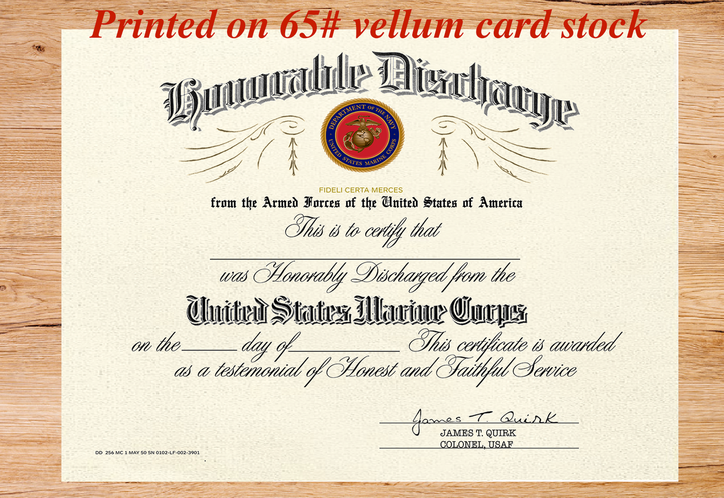 UNITED STATES MARINE CORPS HONORABLE DISCHARGE REPLACEMENT CERTIFICATE