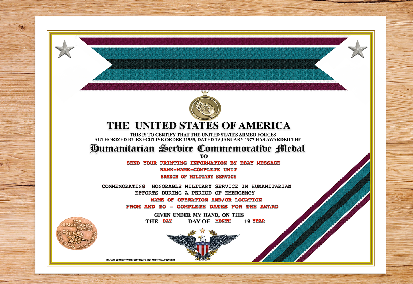 UNITED STATES HUMANITARIAN SERVICE COMMEMORATIVE MEDAL REPLACEMENT CERTIFICATE