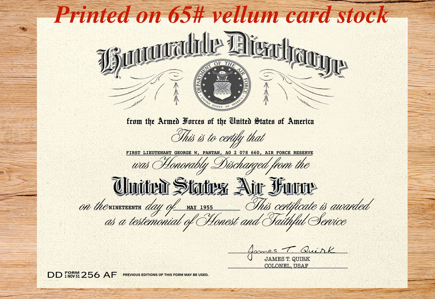 UNITED STATES HONORABLE DISCHARGE REPLACEMENT CERTIFICATE