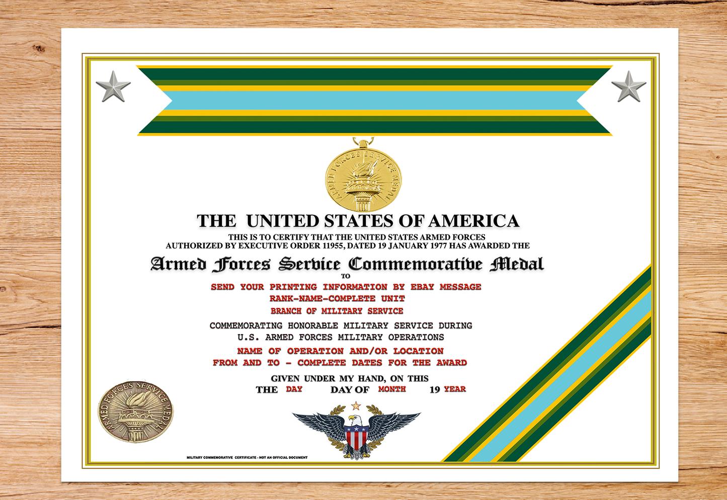 UNITED STATES ARMED FORCES SERVICE COMMEMORATIVE MEDAL REPLACEMENT CERTIFICATE