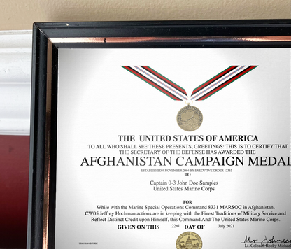 UNITED STATES AFGHANISTAN CAMPAIGN MEDAL REPLACEMENT CERTIFICATE