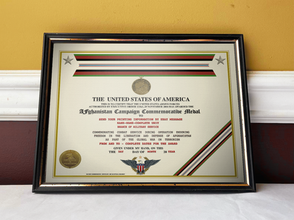 Afghanistan Campaign Commemorative Medal certificate 