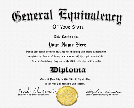 Novelty GED Diploma with Raised Gold Foil Seal, State Issued Style
