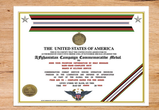 AFGHANISTAN CAMPAIGN MEDAL COMMEMORATIVE REPLACEMENT CERTIFICATE