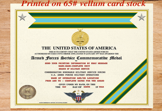 UNITED STATES ARMED FORCES SERVICE COMMEMORATIVE MEDAL REPLACEMENT CERTIFICATE