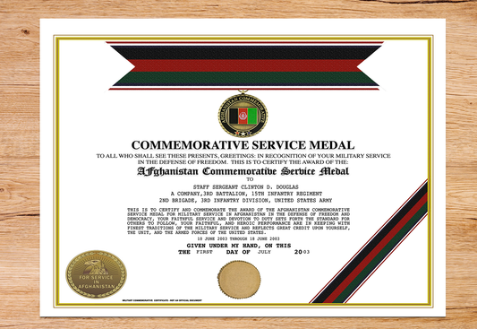 UNITED STATES AFGHANISTAN COMMEMORATIVE SERVICE MEDAL REPLACEMENT CERTIFICATE