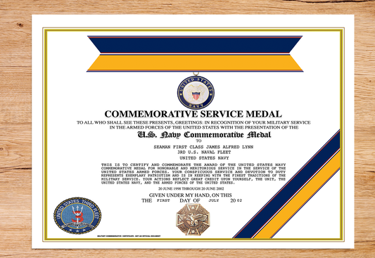 US NAVY COMMEMORATIVE MEDAL REPLACEMENT CERTIFICATE
