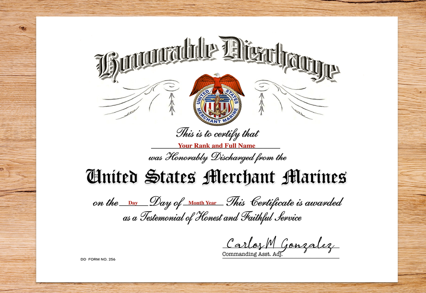 UNITED STATES MERCHANT MARINES HONORABLE DISCHARGE REPLACEMENT CERTIFICATE