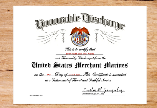 UNITED STATES MERCHANT MARINES HONORABLE DISCHARGE REPLACEMENT CERTIFICATE