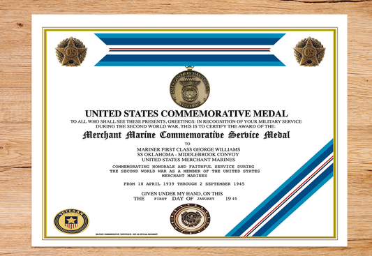 UNITED STATES MERCHANT MARINE COMMEMORATIVE SERVICE MEDAL REPLACEMENT CERTIFICATE
