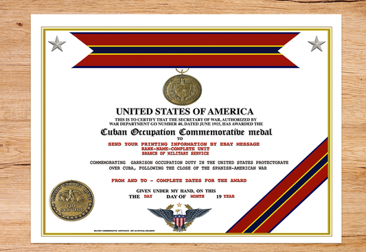 UNITED STATES CUBAN OCCUPATION COMMEMORATIVE MEDAL REPLACEMENT CERTIFICATE